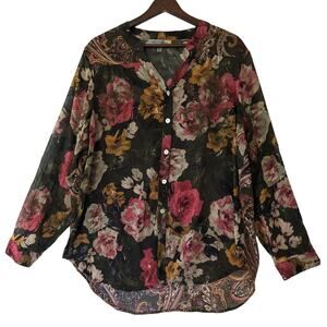 Figueroa & Flower Womens Wimsygoth Dark Floral Back Button Up‎ Top Sz XL Sheer